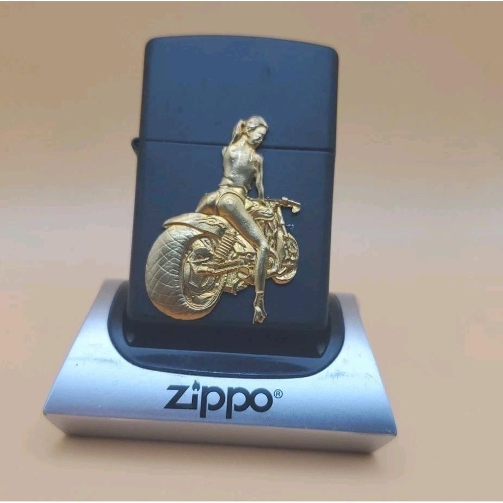 Zippo Lighter With A Sexy Girl On A Motorcycle Medallion Matt Black